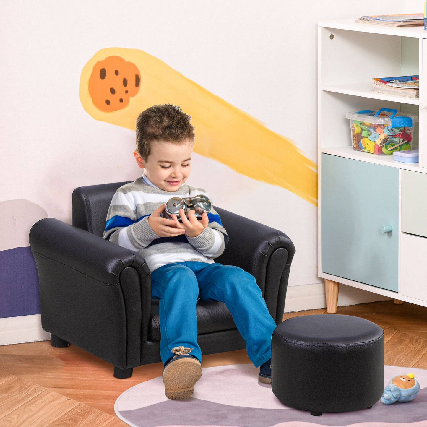 HOMCOM Kids Sofa Chair Set Armchair Seating Seat Bedroom Playroom Stool Black