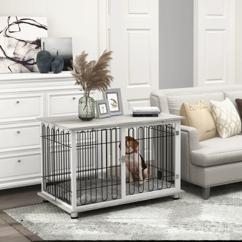 PawHut Dog Crate Furniture End Table with Soft Washable Cushion, Lockable Door