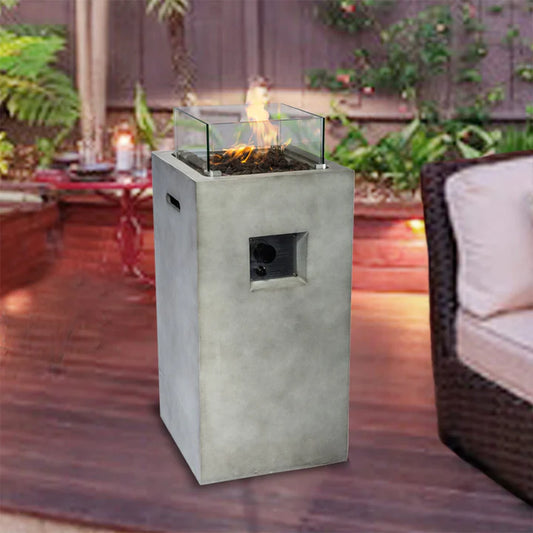 Outdoor Garden Small Gas Fire Pit Column with Screen, Rocks & Cover