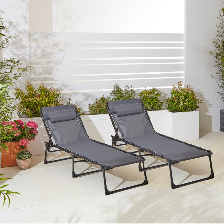 Two Neo Grey Outdoor Folding Sun Loungers