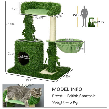 PawHut 77cm Cat Tree for Indoor Cats with Green Leaves, Scratching Posts Condo