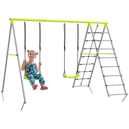 Outsunny 4-in-1 Metal Kids Swing Set with Double Swings, Climber, Climbing Net