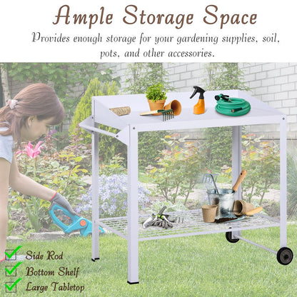 Metal Outdoor Garden Potting Table Push Cart White