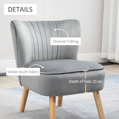 Velvet-Feel Accent Chair w/ Ottoman Tub Seat Padding Wood Legs Light Grey