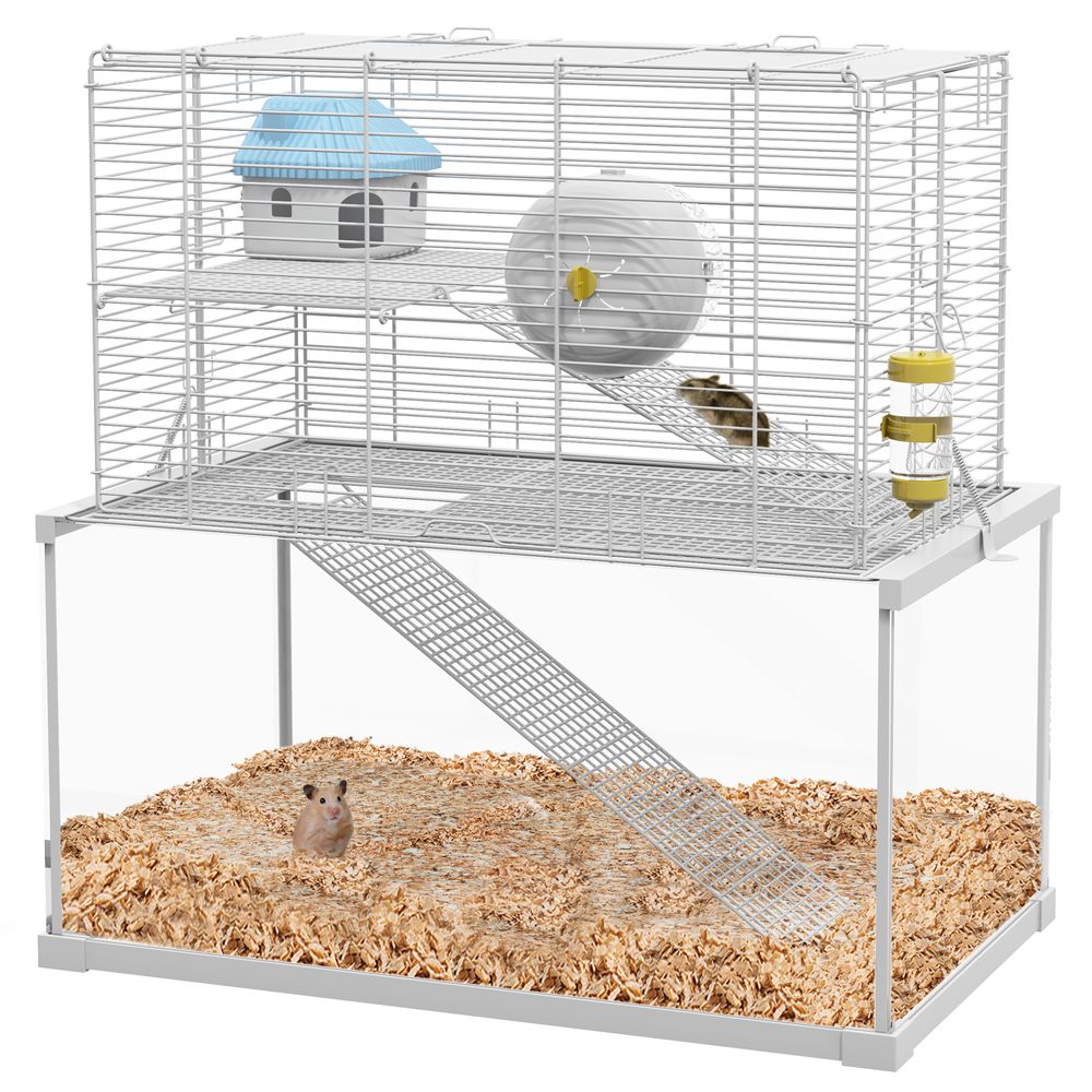 PawHut 3 Tiers Hamster Cage w/ Ramps Platforms Hut Exercise Wheel Water Bottle