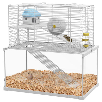 PawHut 3 Tiers Hamster Cage w/ Ramps Platforms Hut Exercise Wheel Water Bottle