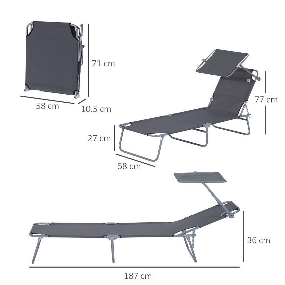 Folding Chair Sun Lounger Recliner Seat Sunshade Garden Outdoor Grey