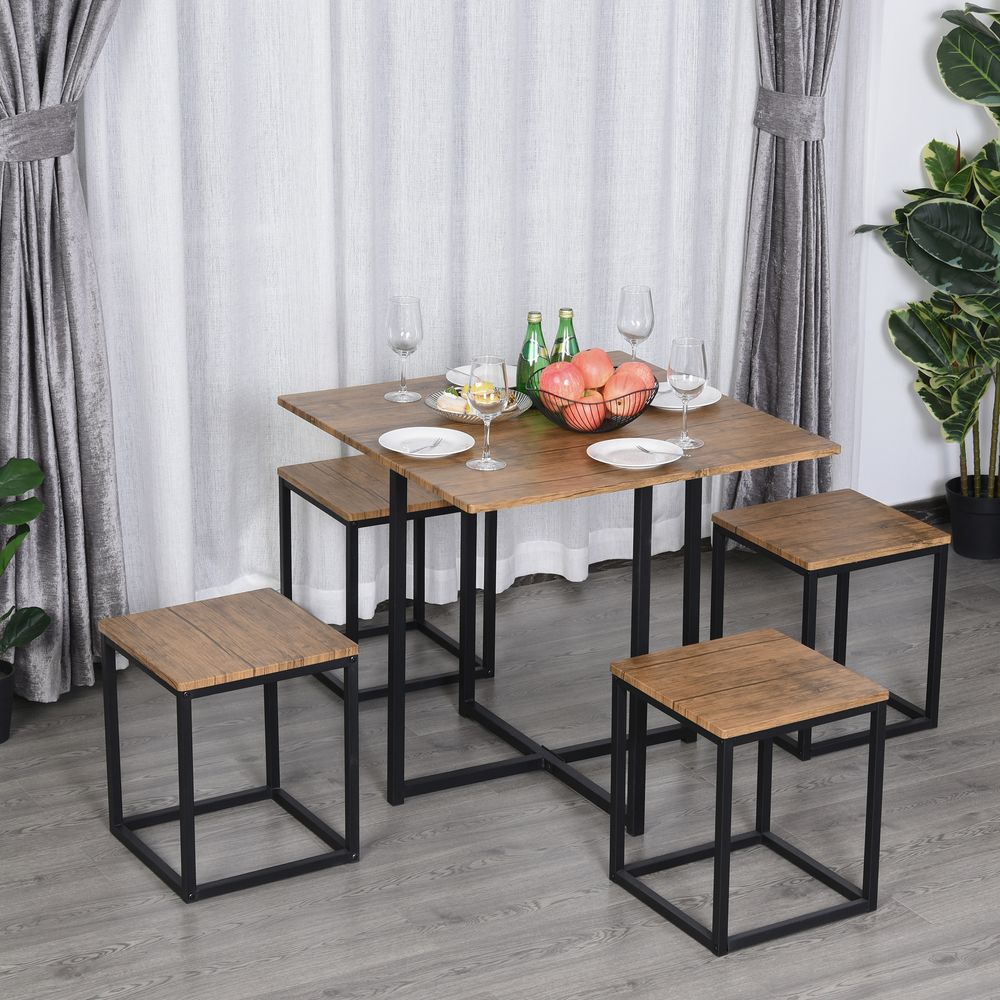 MDF Topped Steel 5-Piece Dining Set Dining Table with 4 Stools Black/Brown