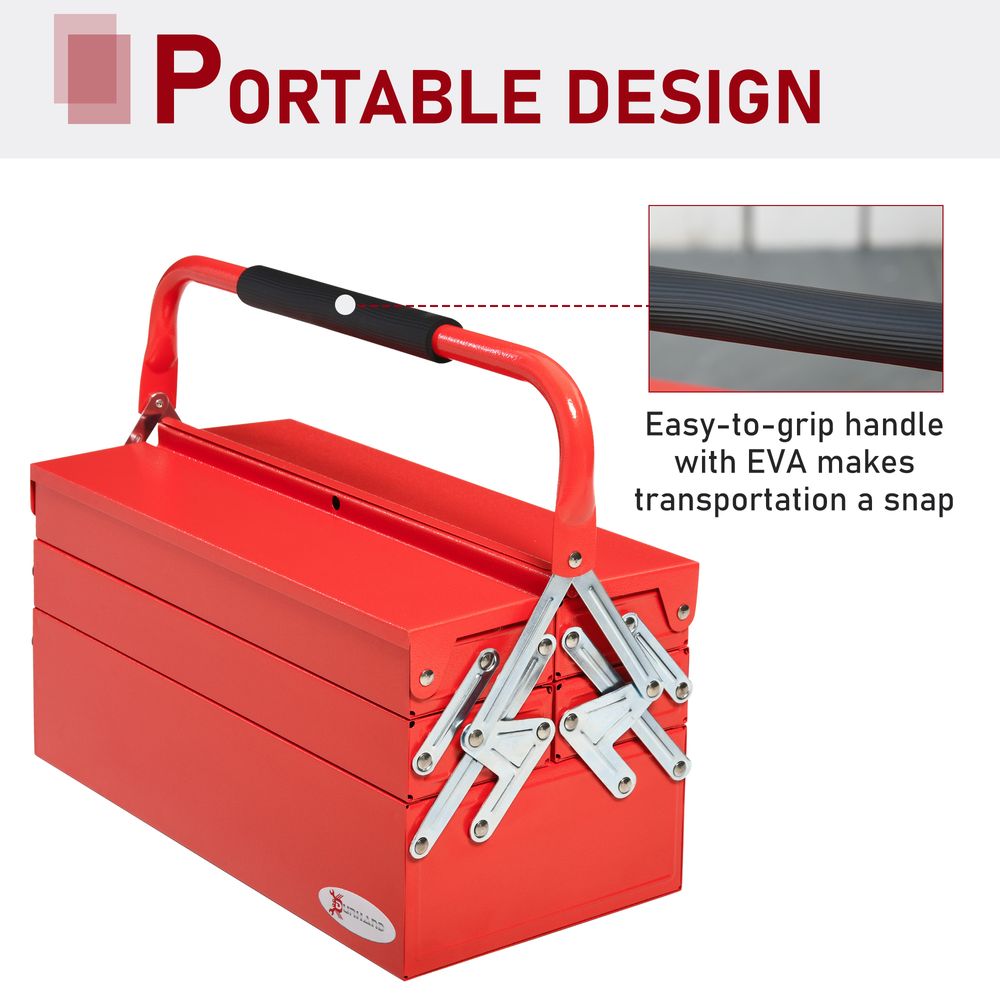 Metal Tool Box 3 Tier 5 Tray Professional Toolbox, 45x22.5x34.5cm, Red