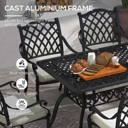 Outsunny 7-PC Cast Aluminium Patio Dining Set w/ Umbrella Hole & Cushion, Black