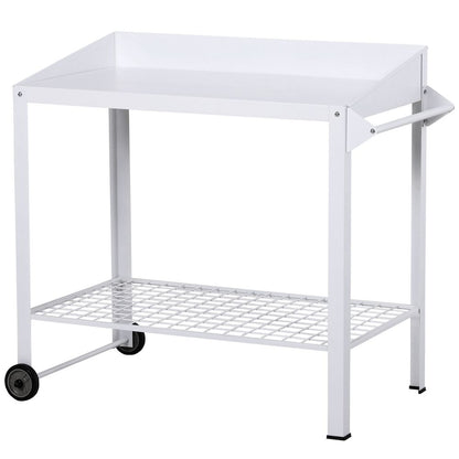 Metal Outdoor Garden Potting Table Push Cart White