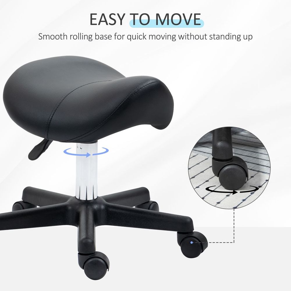 Saddle Stool PU Leather Adjustable Rolling Salon Chair Steel Frame for Massage