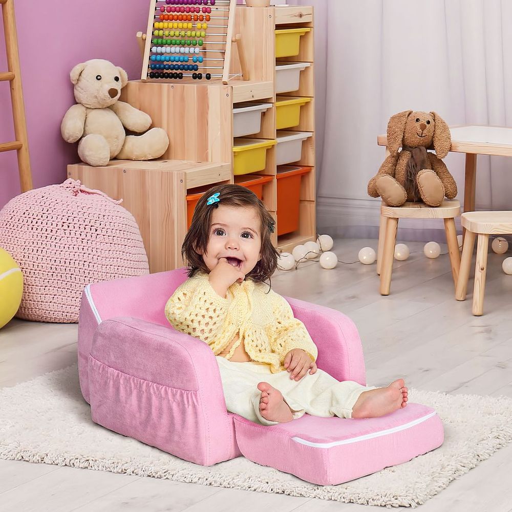 2 In 1 Kids Armchair Sofa Bed Fold Out Padded Wood Frame Bedroom Pink