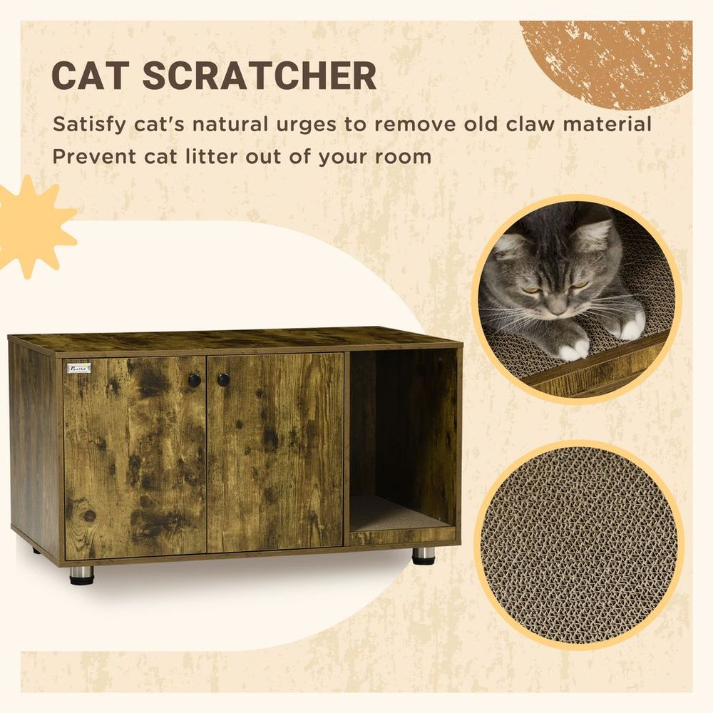 PawHut Cat Litter Box Enclosure, End Table with Double Doors, Rustic Brown