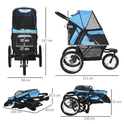 3 Wheel Pet Stroller, for Medium Small Dogs, Foldable Cat Pram - Blue