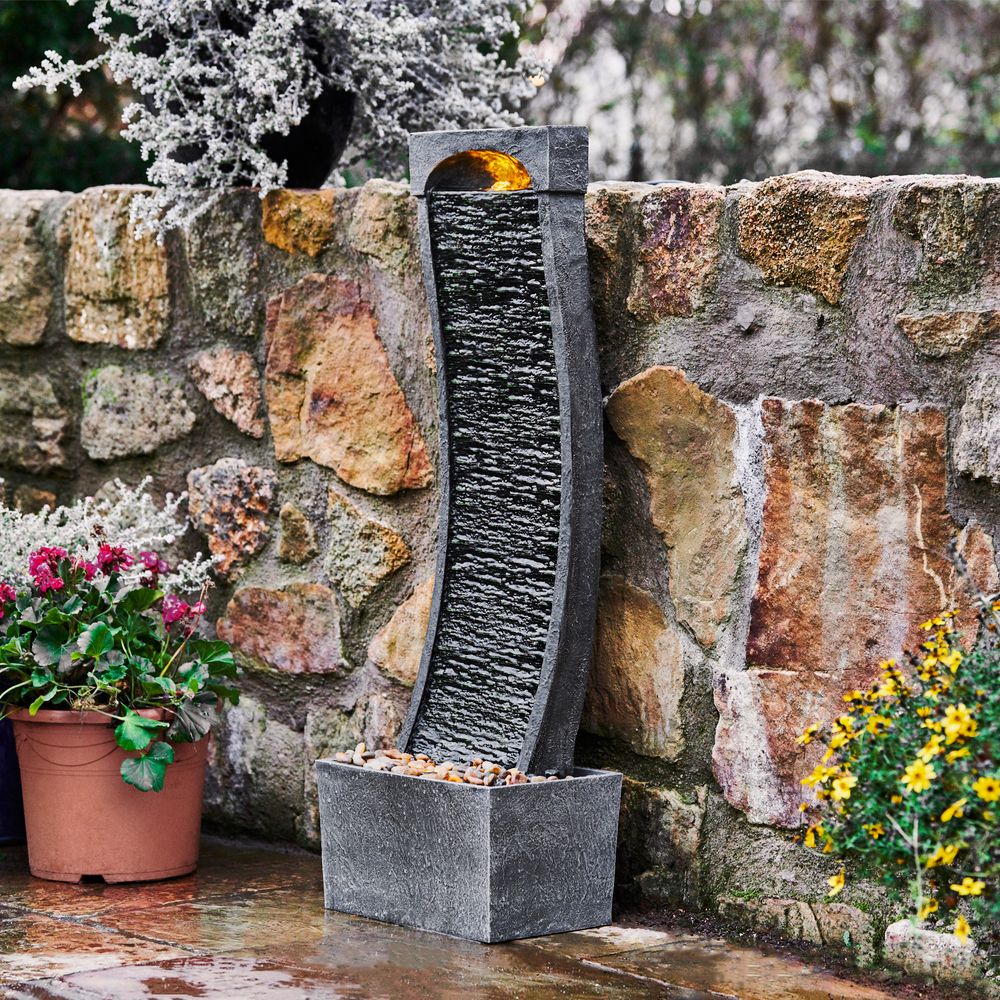 Garden Water Fountain Feature with Lights, Outdoor Curved Waterfall