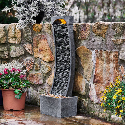 Garden Water Fountain Feature with Lights, Outdoor Curved Waterfall