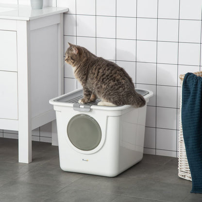 Cat Litter Tray Pet Litter Box Toilet w/ Front Entrance, Top Exit, Scoop - White