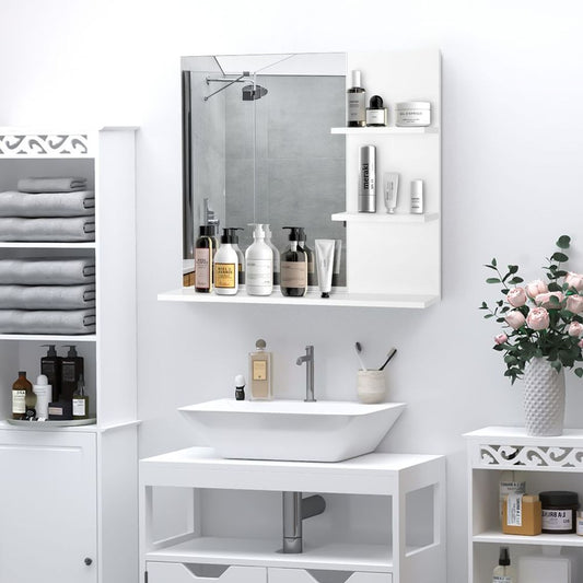 Modern Bathroom Wall Mounted Mirror with 3 Storage Open Shelves, White