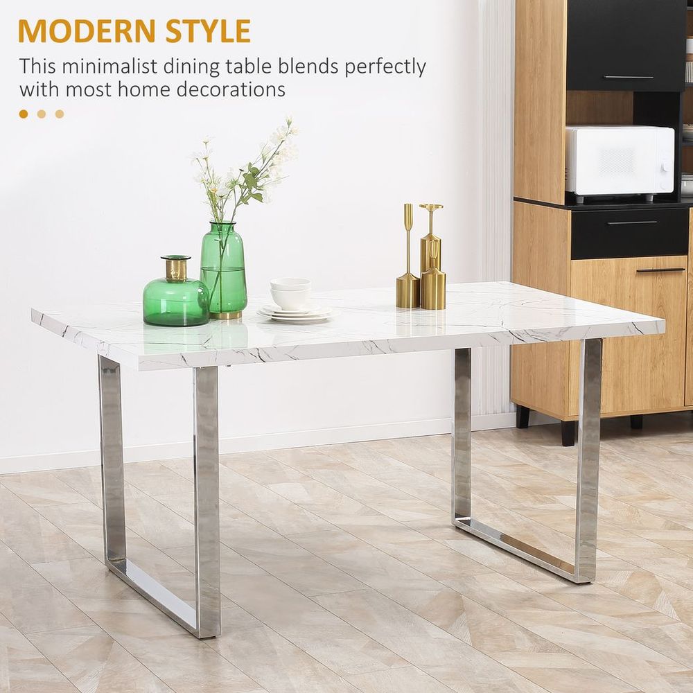 Modern Dining Table with Marble Effect Top Steel Legs for Living Room, White