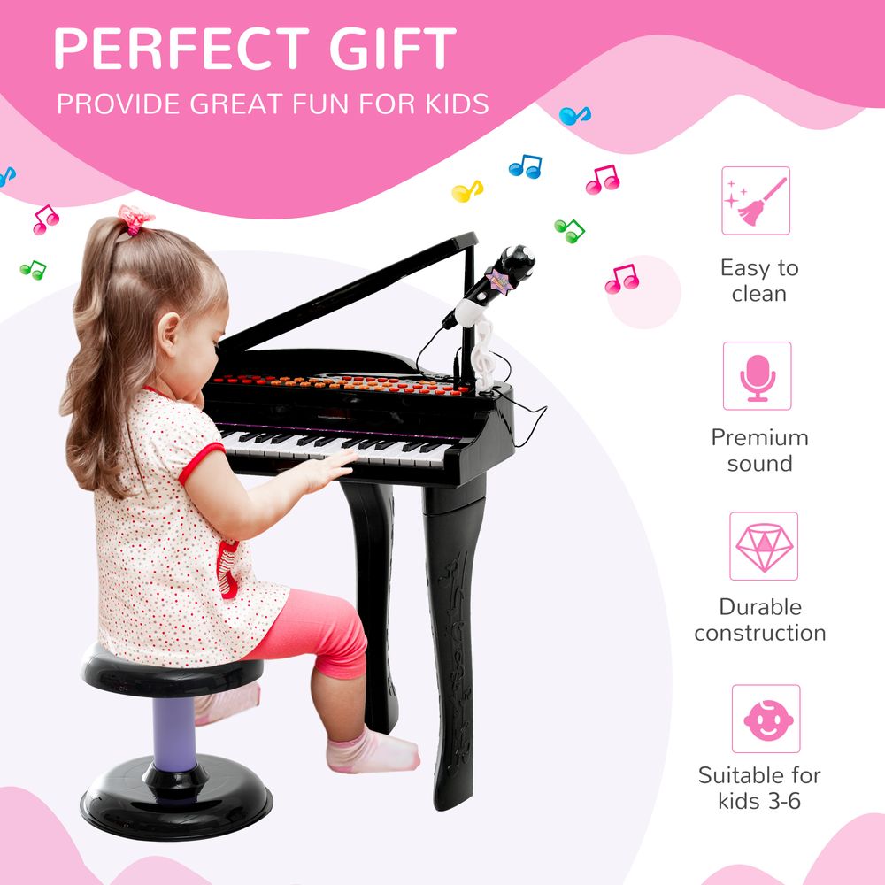 37 Key Musical Mini Piano Electrionic Keyboard Microphone Stool Black