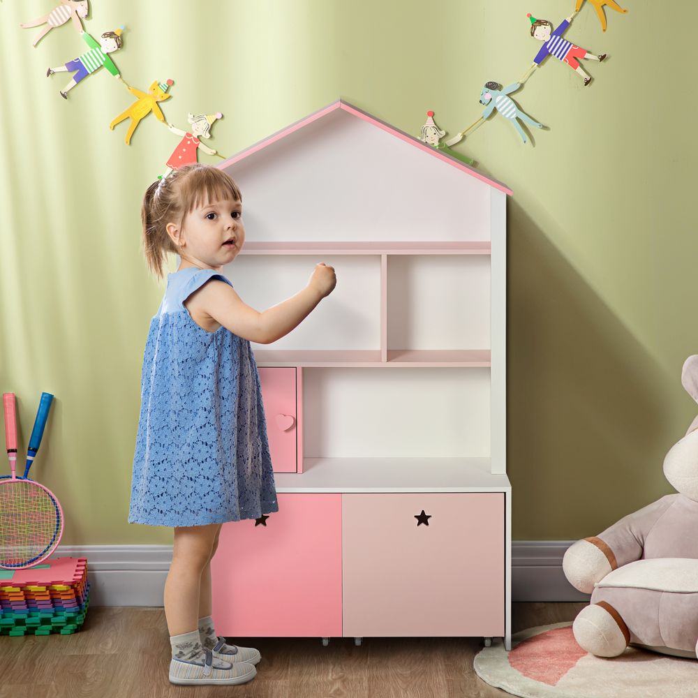 HOMCOM Kids Bookshelf Chest Drawer with Wheels Baby Toy Wood Organizer Pink