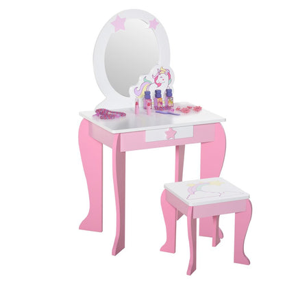 Kids Dressing Table, Girls Vanity Set w/ Mirror and Stool, Unicorn-Designed