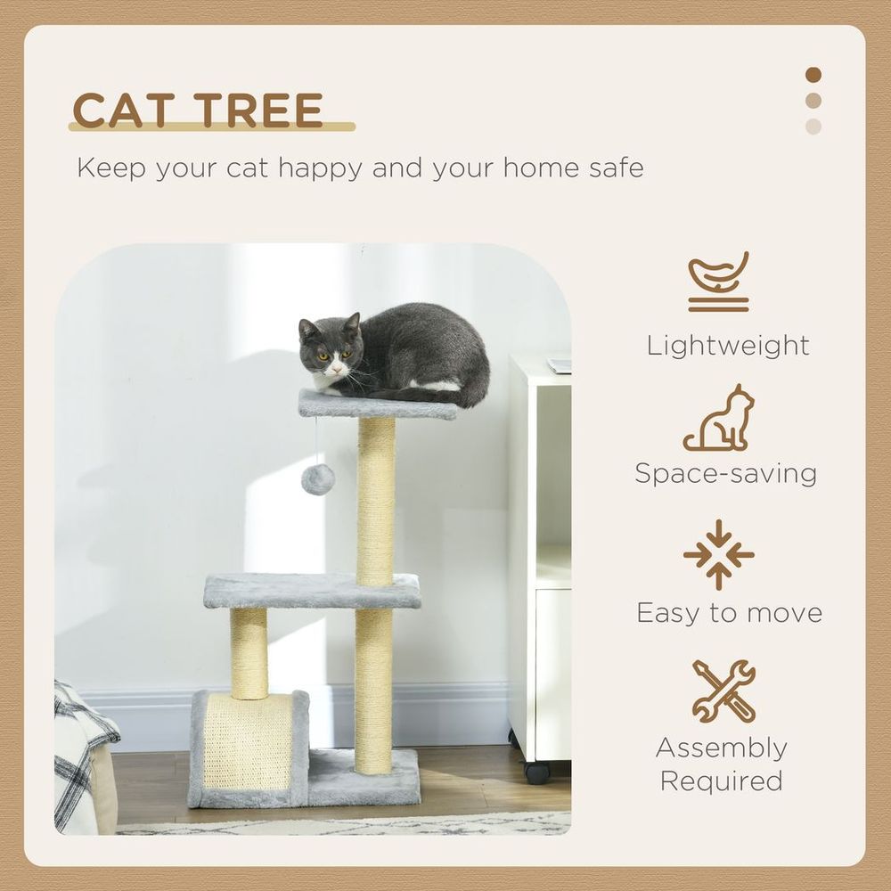 PawHut 72cm Cat Tree Climbing Tower with Sisal Scratching Post - Light Grey