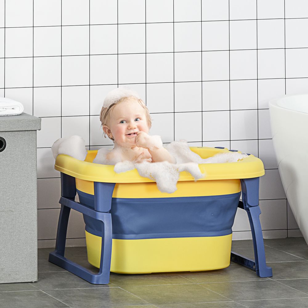 Foldable Baby Bathtub for Newborns Infants Toddlers w/ Stool - Yellow