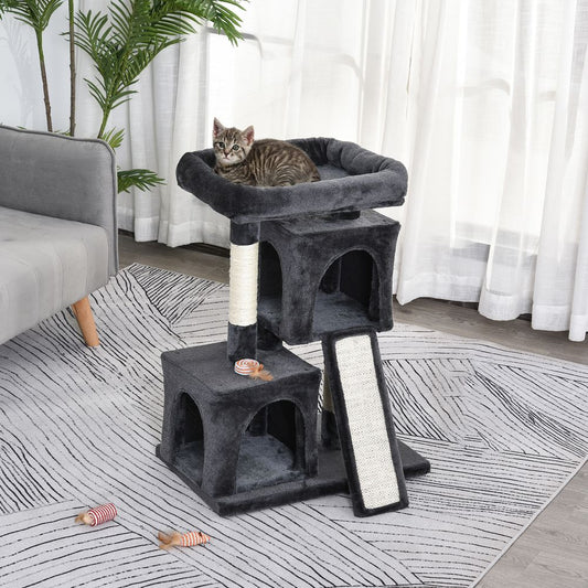 Cat Rest & Play Activity Tree w/ 2 House Perch Scratching Post Black Pawhut