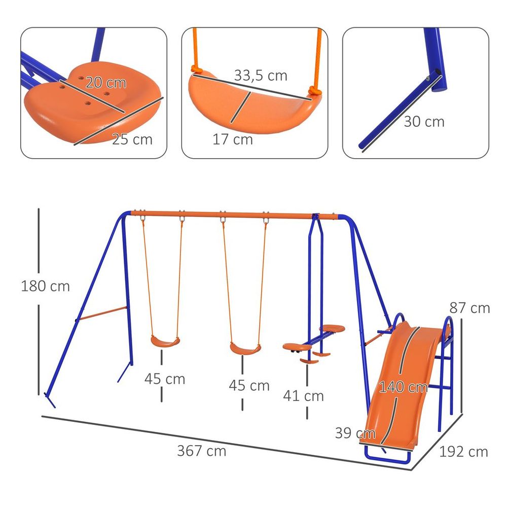 Outsunny 4 in 1 Metal Kids Swing Set with Double Swings, Glider, Slide, Ladder