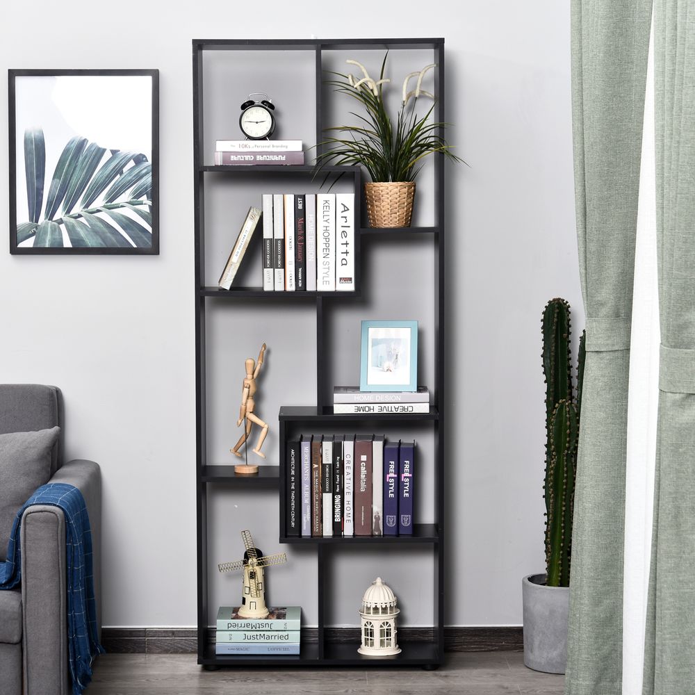 178cm 8-Shelf Bookcase w/ Melamine Surface Foot Pads Black Multipurpose 8-Grid