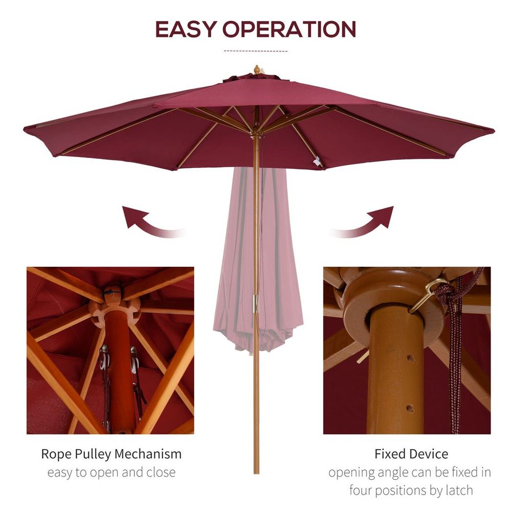 3m Fir Wooden Garden Parasol Sun Shade Outdoor Umbrella Canopy Wine Red