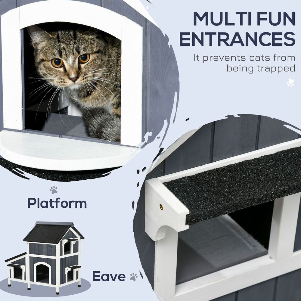 PawHut�Wooden�Cat�House�Outdoor w/ Flower Pot,�Window, Multiple�Entrances