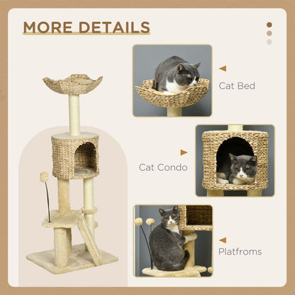 PawHut 116cm Cat Tree Tower with Scratching Post Cat House Ball Platform Beige