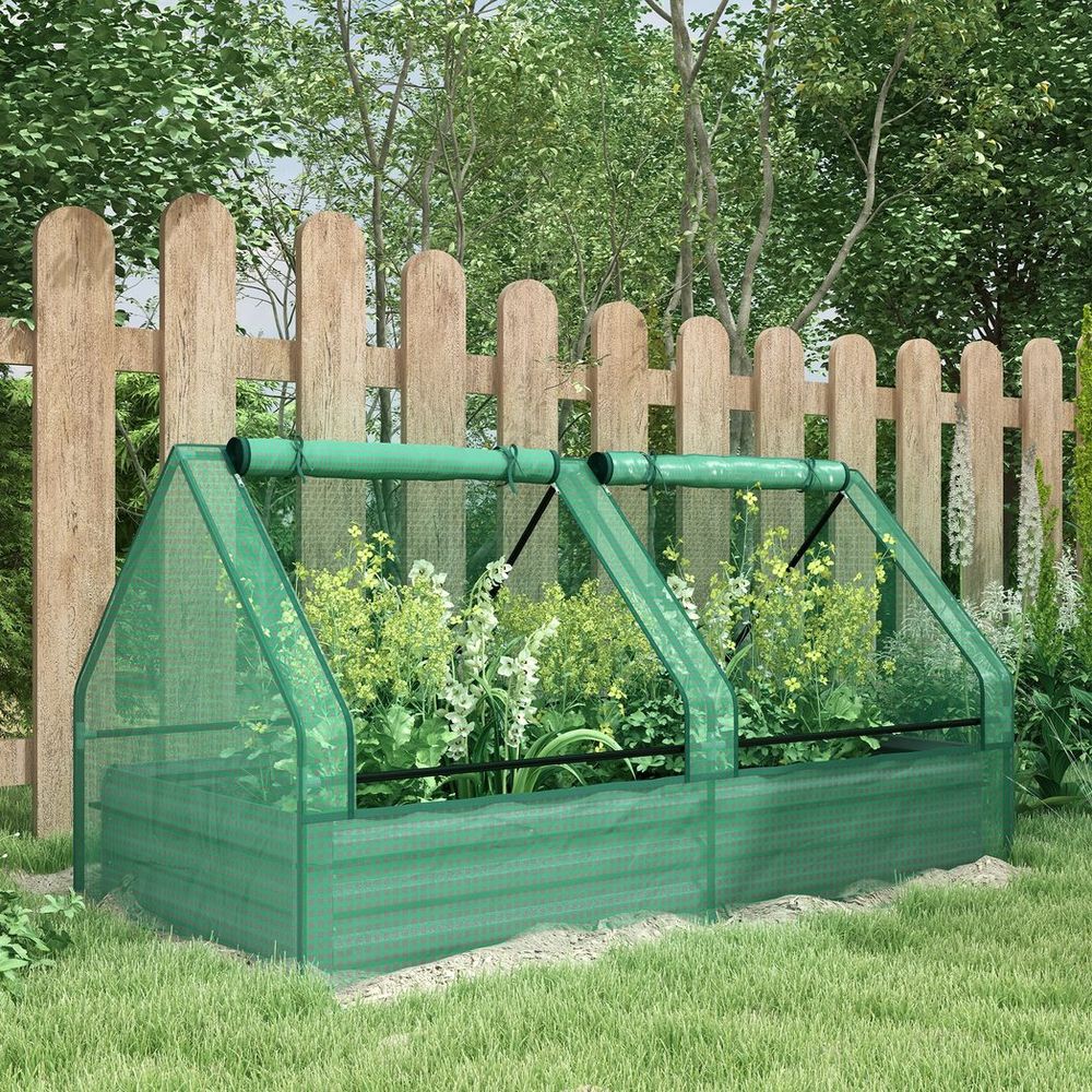 Outsunny Raised Garden Bed Planter Box with Greenhouse, Green and Dark Grey