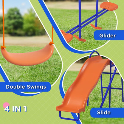 Outsunny 4 in 1 Metal Kids Swing Set with Double Swings, Glider, Slide, Ladder