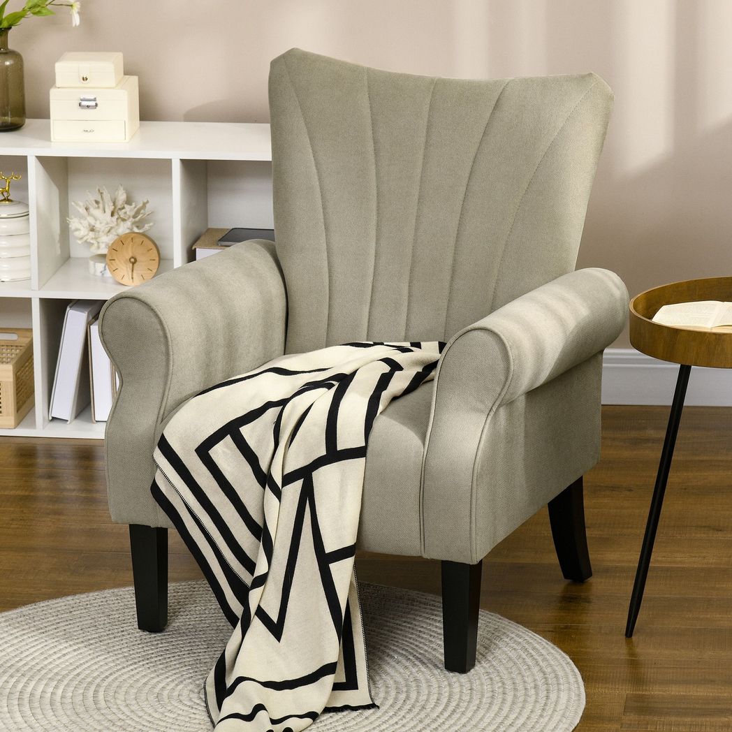 Armchair, Upholstered Modern Accent Chair with Wood Legs, Beige