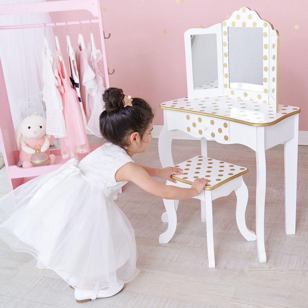 Fantasy Fields Wooden Play Vanity Set With Mirror & Lights White/Gold TD-11670ML