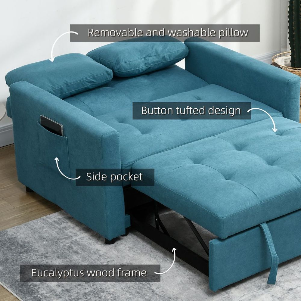 2 Seater Sofa Bed Convertible Bed Settee with Cushions, Pockets, Blue