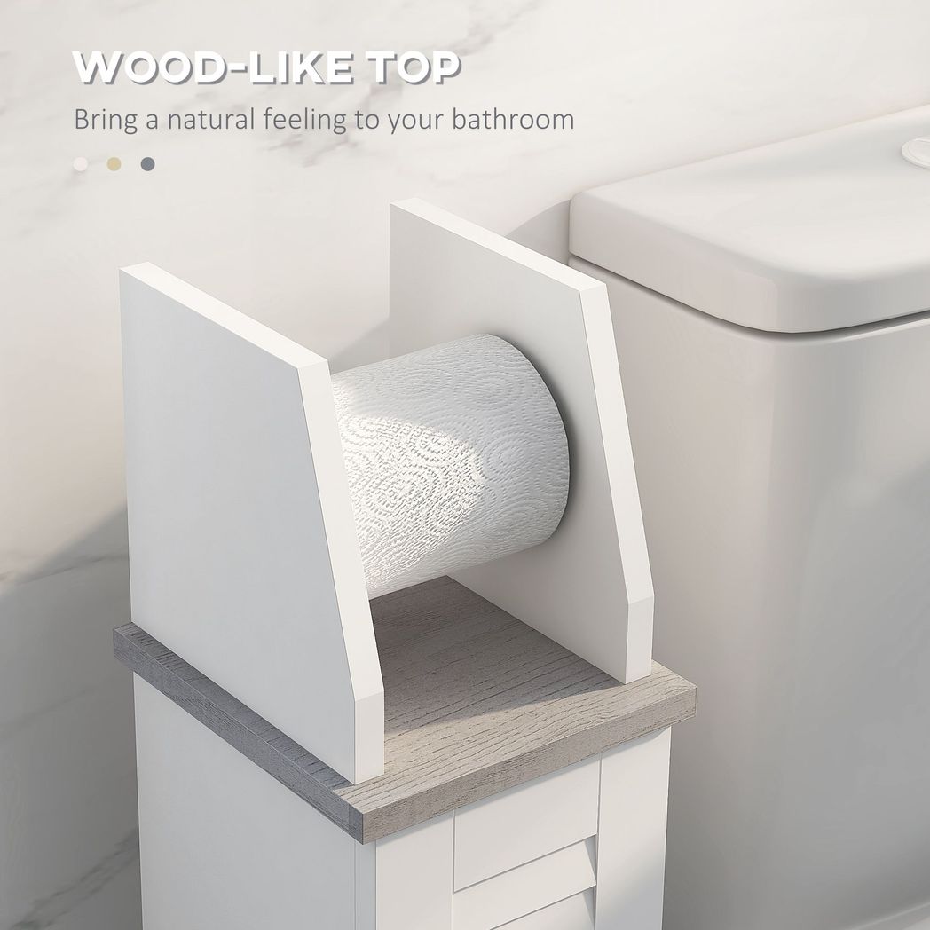 Slim Toilet Roll Storage Unit with Cupboard and Adjustable Shelf, White