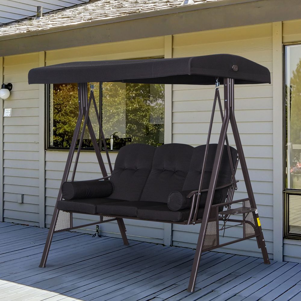 3 Seater Garden Swing Chair Patio Swing Bench w/ Cup Trays Black