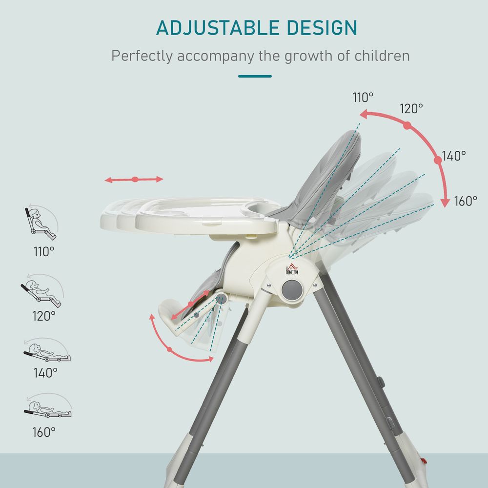 Foldable Baby High Chair Toddler Height Back Footrest Adjustable Grey HOMCOM