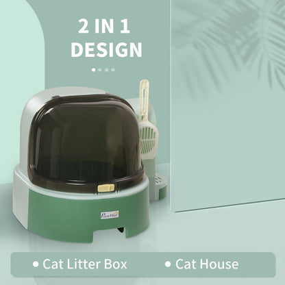 PawHut 2 In 1 Cat Litter Tray w/ Drawer Pans, Scoop, Openable Cover - Green