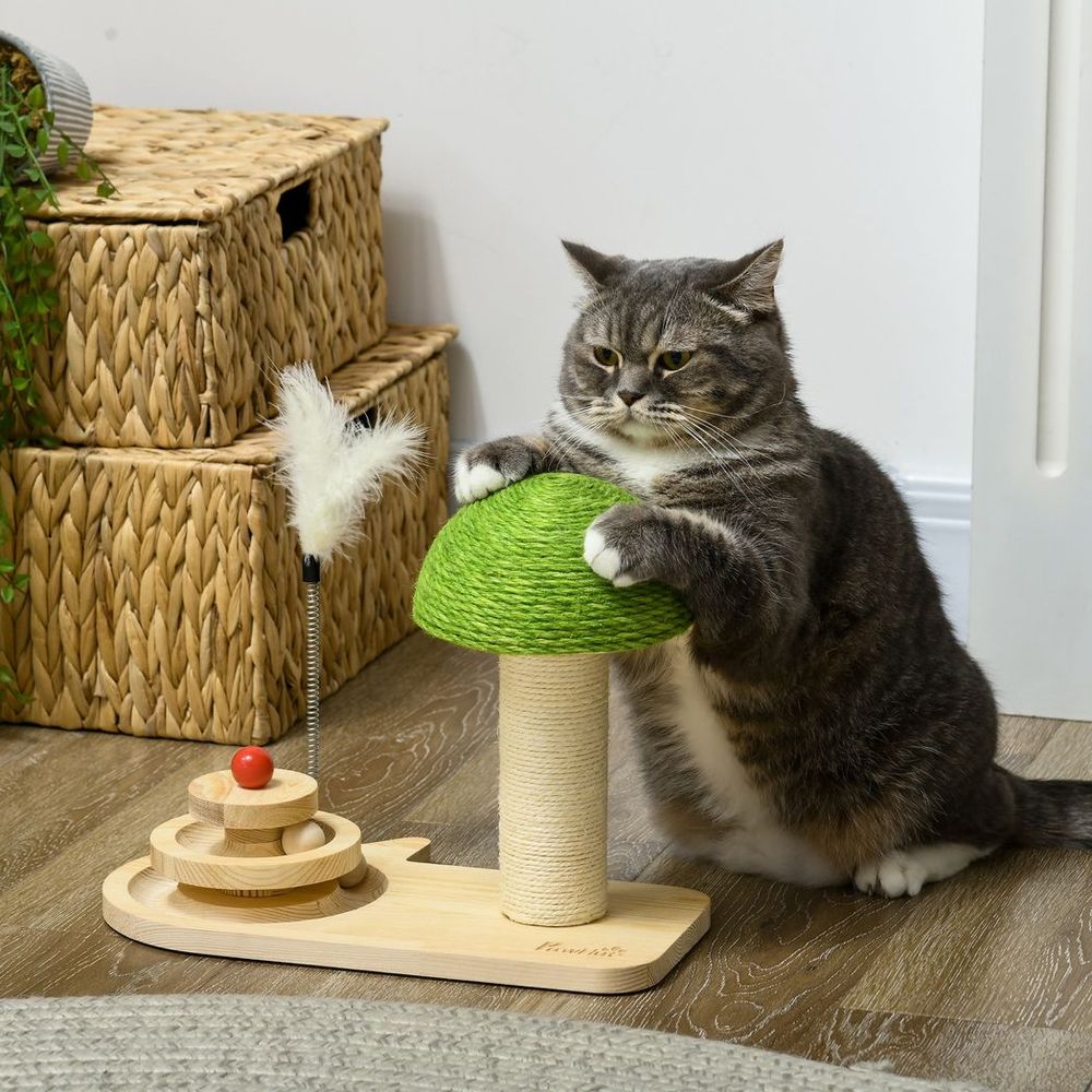 PawHut Mushroom-Shaped Cat-Scratching Post for Indoor Cats with Toy Balls