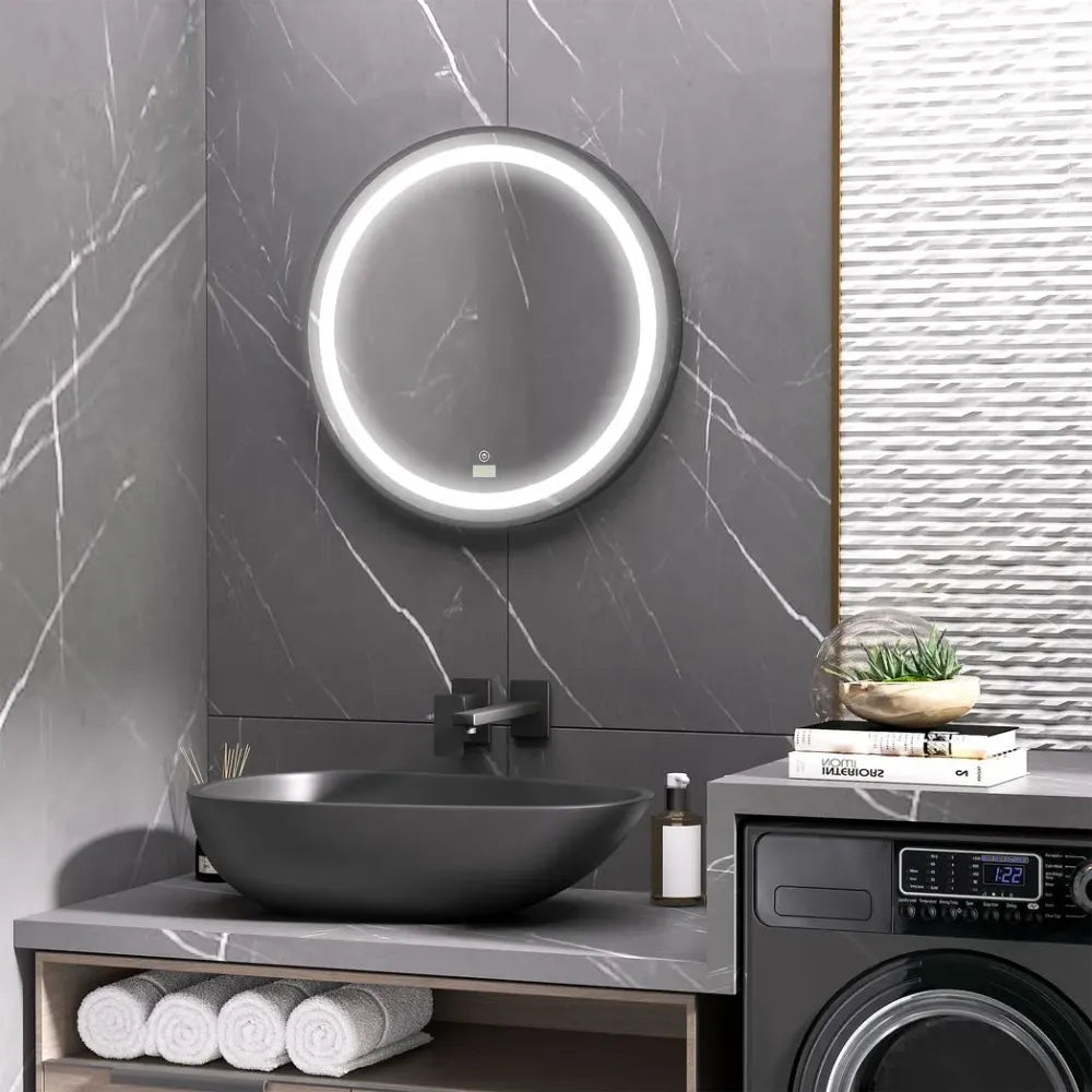 LED Smart Bathroom Mirror Wall Mounted Round Vanity Mirror w/ Lights, Black