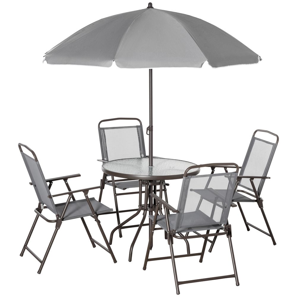 6Pc Patio Dining Set with Umbrella, 4 Folding Chairs Glass Table