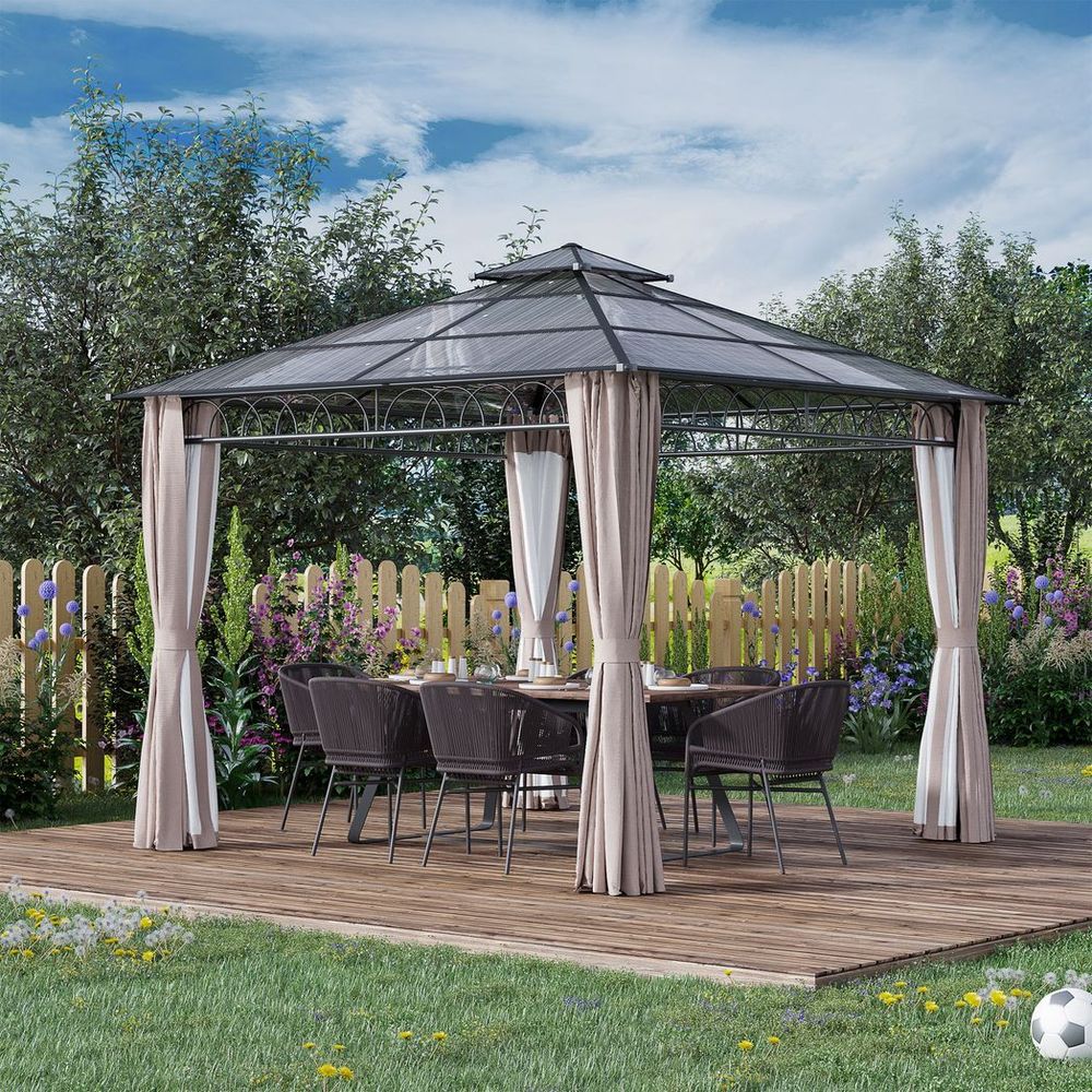 3 x 3 (m) Polycarbonate Gazebo, Hard Top Gazebo with Nettings & Curtains