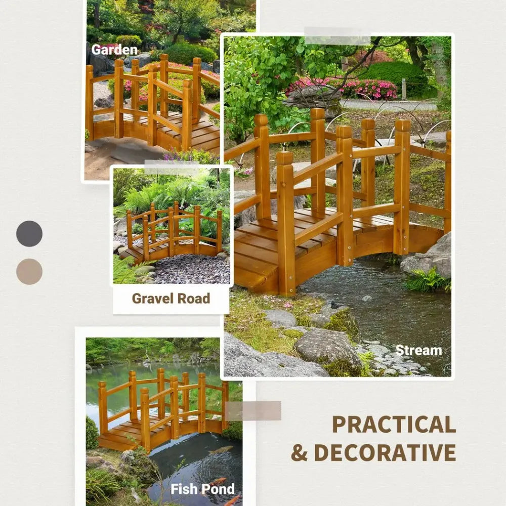 Wooden Garden Bridge Arc Footbridge with Safety Railings for Pond Creek Stream