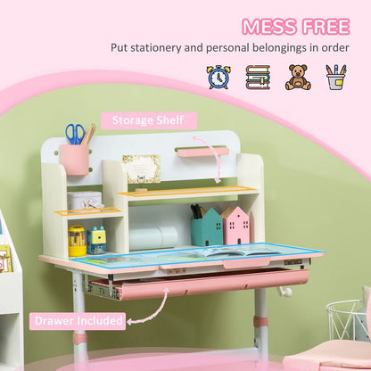 Kids Desk and Chair Set with Storage Shelves, Washable Cover - Pink